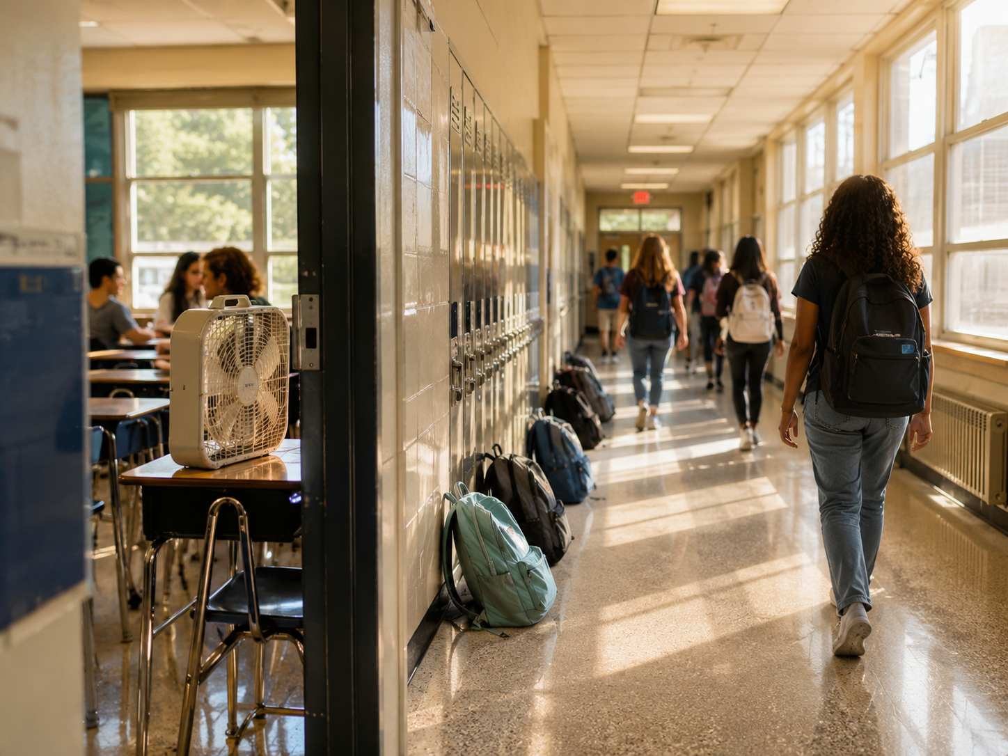 A school hallway on a hot day with a classroom fan visible.