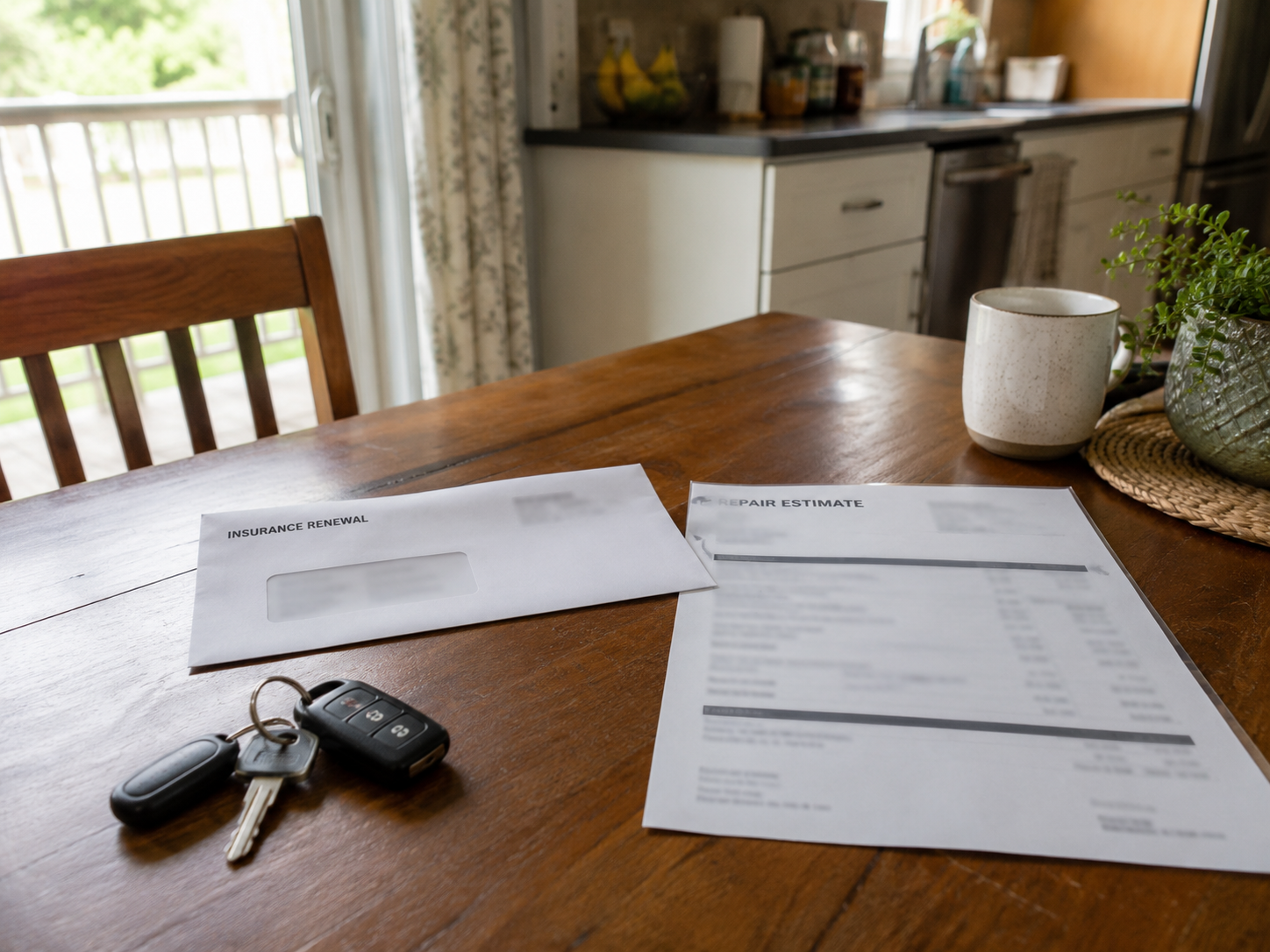 Car keys and insurance paperwork sit on a kitchen table beside a repair estimate.