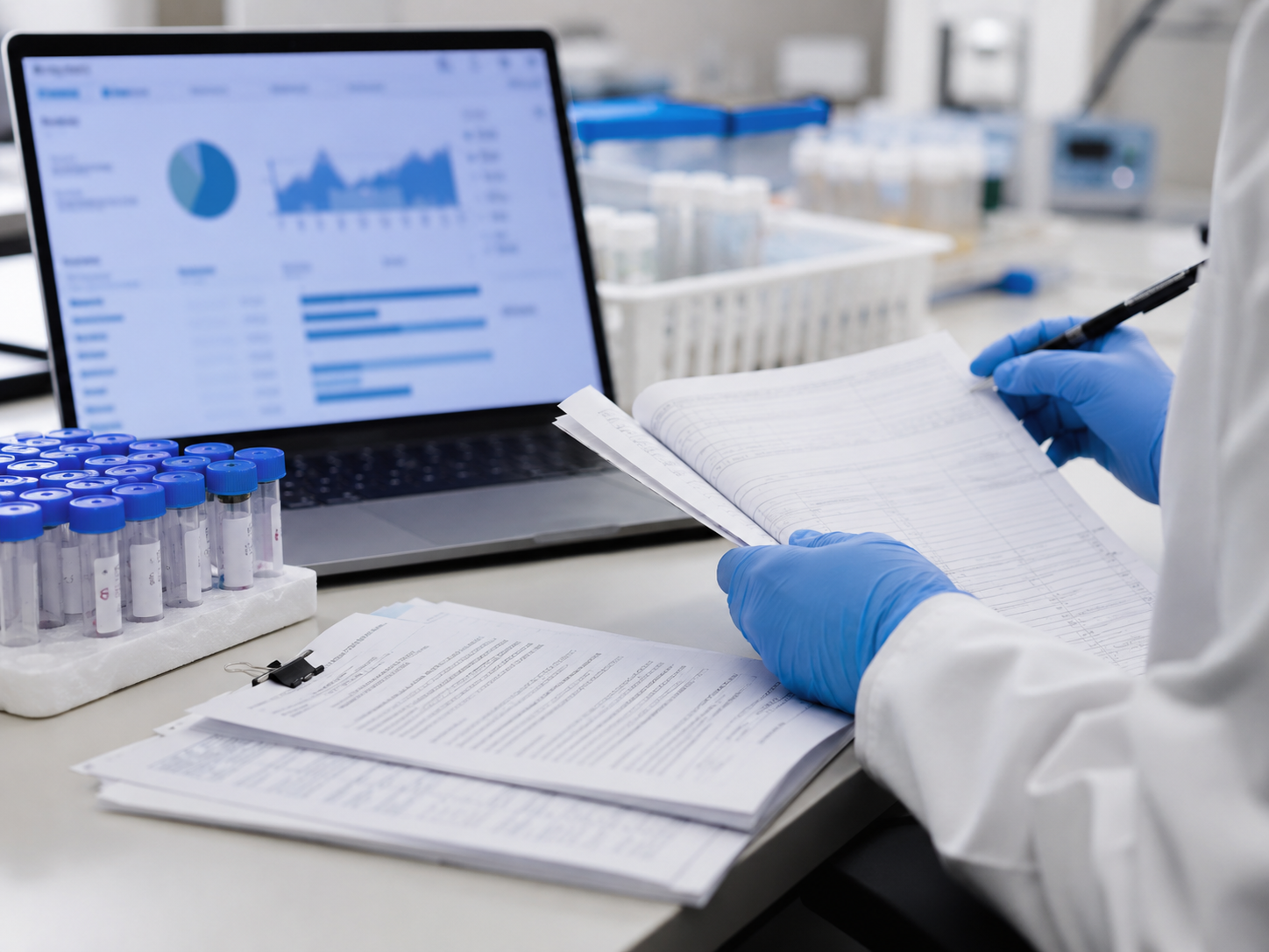 Clinical research materials arranged on a lab desk for a medical safety study.