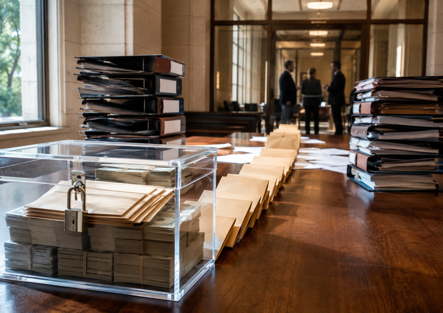 Legal folders and a government payment ledger represent lawsuits over a federal settlement fund.