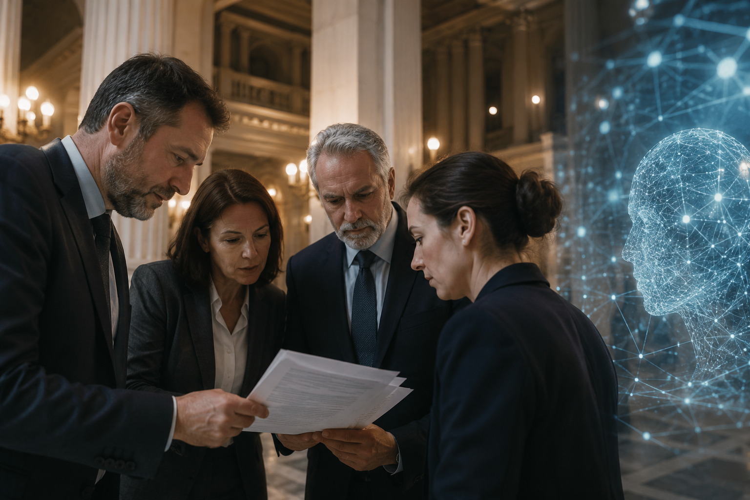 Lawmakers reviewing documents near an abstract digital AI display.