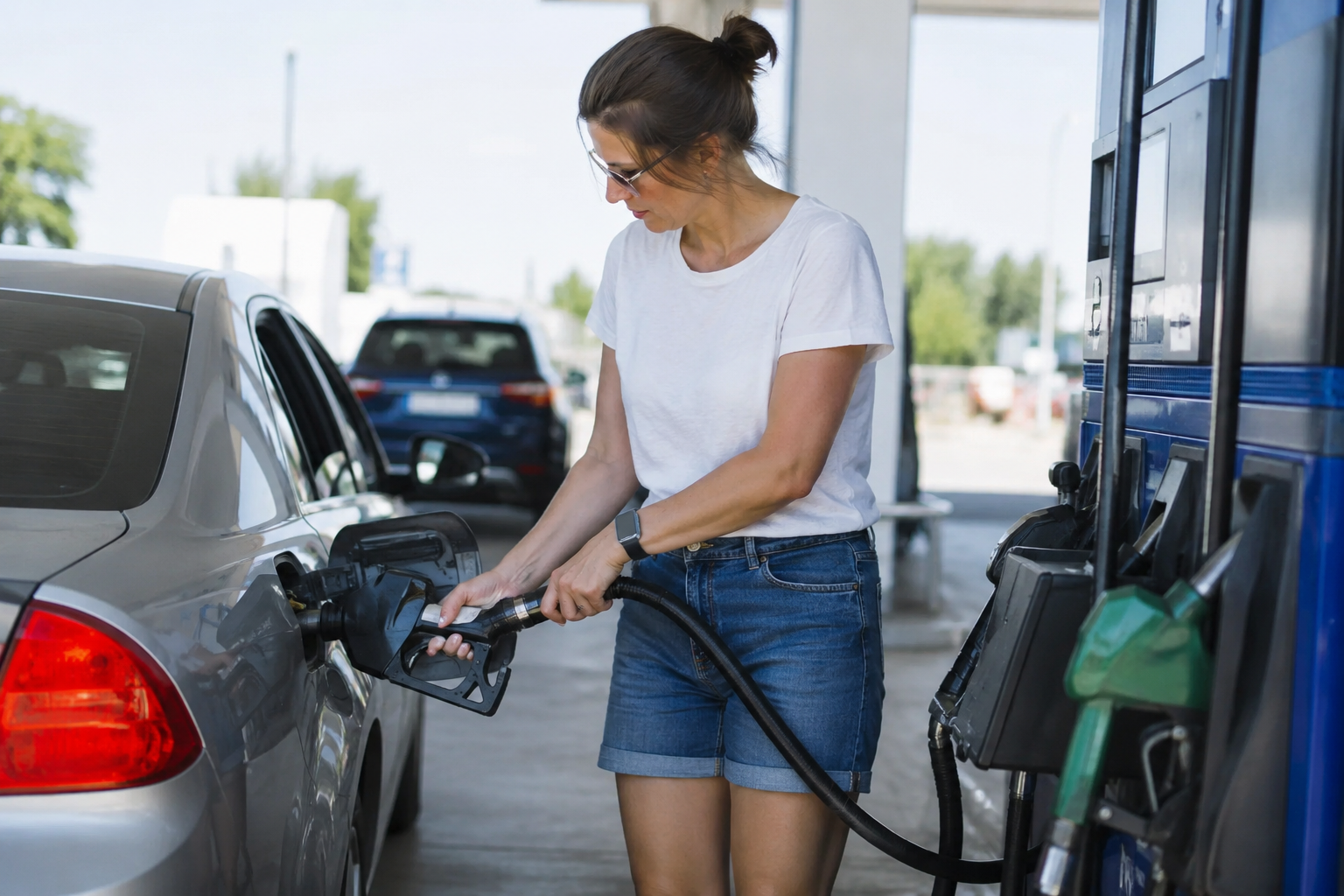 A driver fills a car at a gas pump during summer travel season.