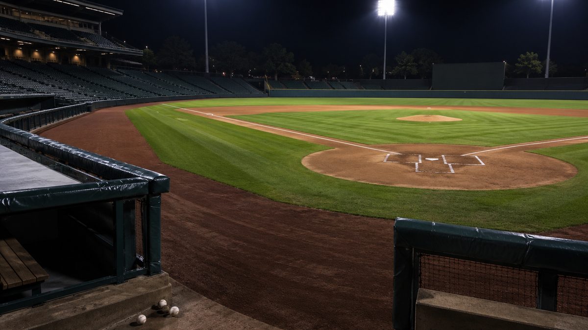Empty baseball field before a night game.