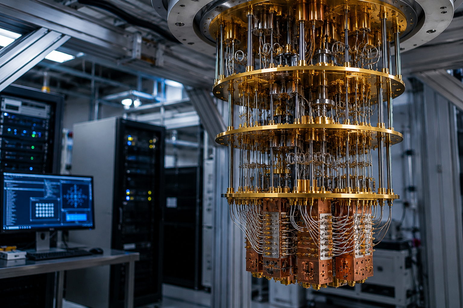 Technicians examine semiconductor wafer equipment in an advanced research lab.