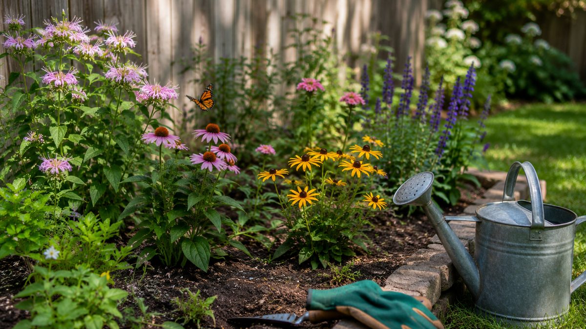 A small backyard garden bed with flowers, gloves, and a watering can in summer light.