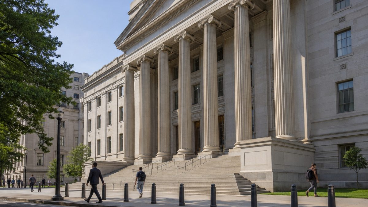 People walk near the exterior of a federal courthouse in daylight.