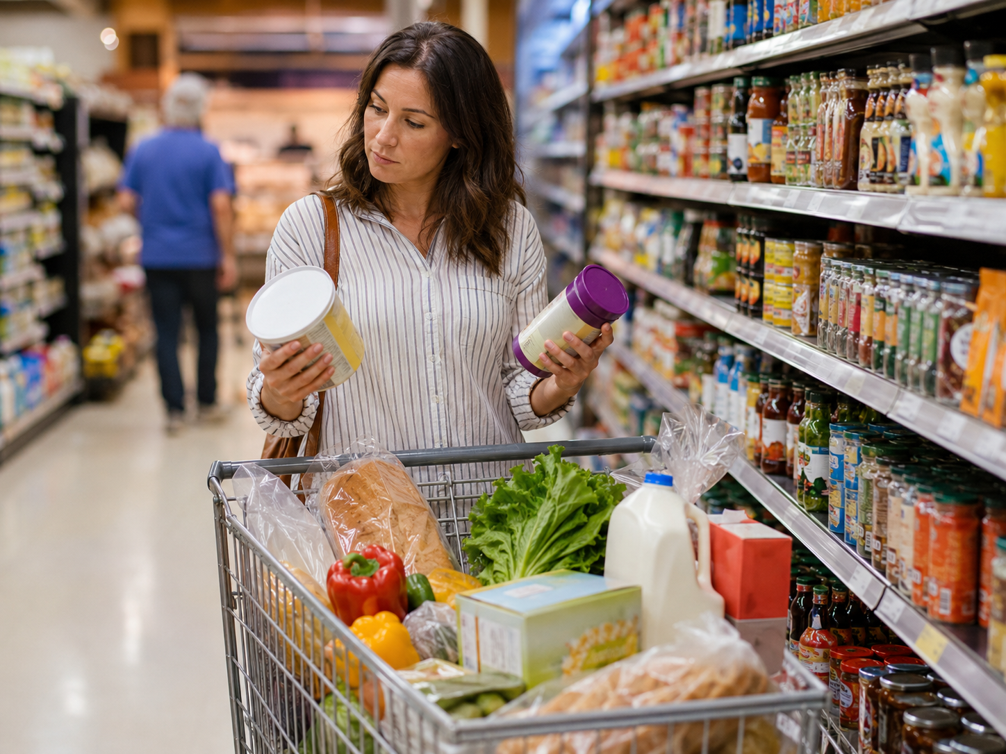 A shopper compares groceries in a supermarket aisle.
