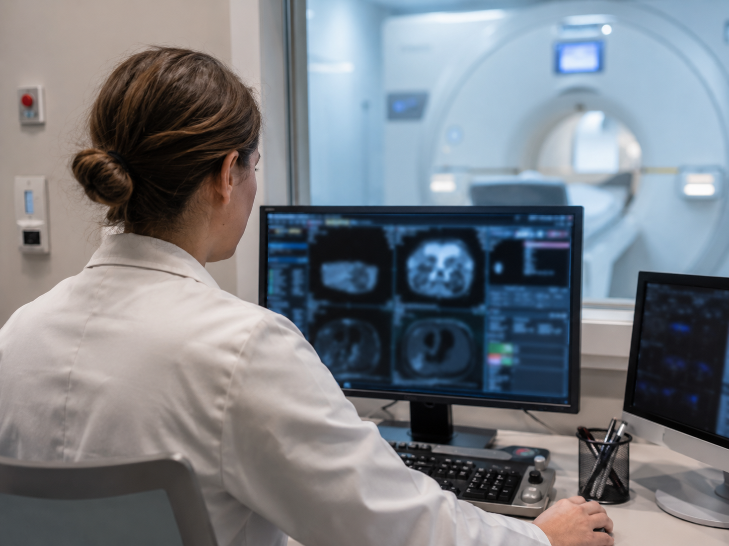 A clinician reviews medical imaging results on a workstation.