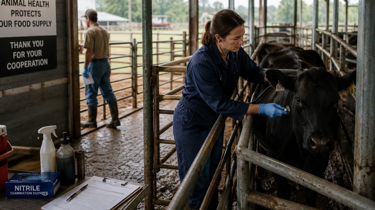 A livestock inspection area with veterinary supplies and cattle in the background.