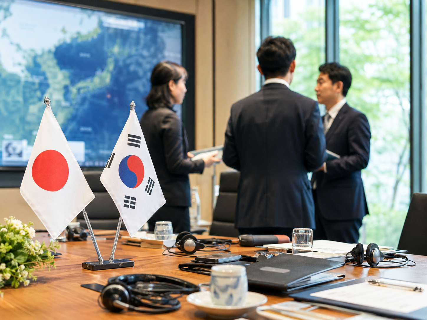 Two diplomatic delegations meet across a conference table.